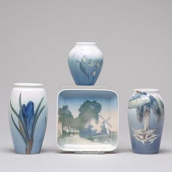 BING & GRÖNDAHL and ROYAL COPENHAGEN, a set of three porcelain vases and a dish, Denmark.