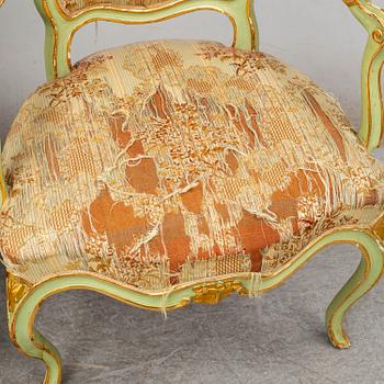 A pair of Swedish Rococo armchairs, second half of the 18th century.