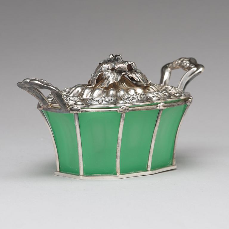 An Austrian mid 19th century silver and green glass bowl and cover on dish, un identified makers mark, Vienna 1845.