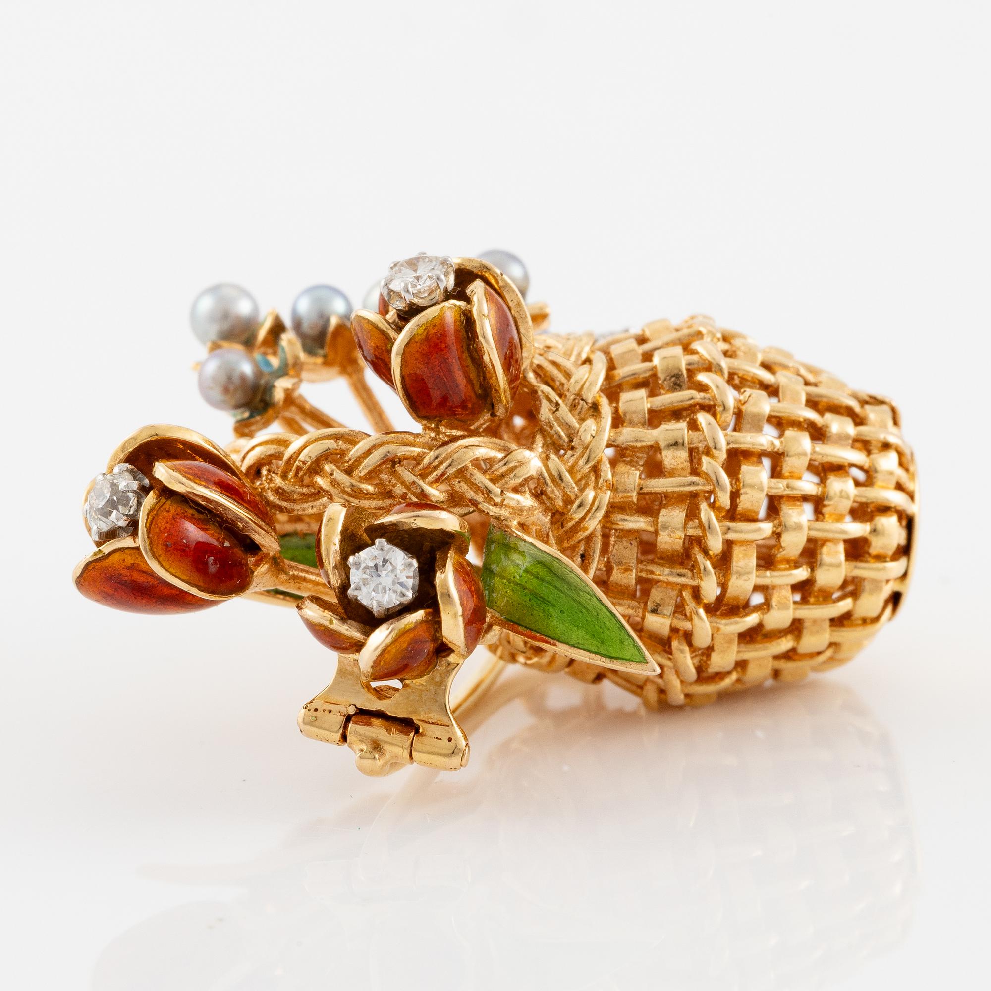 A W.A. Bolin brooch 18K gold and enamel with cultured pearls and round brilliant-cut diamonds, design Barbro Littmarck.