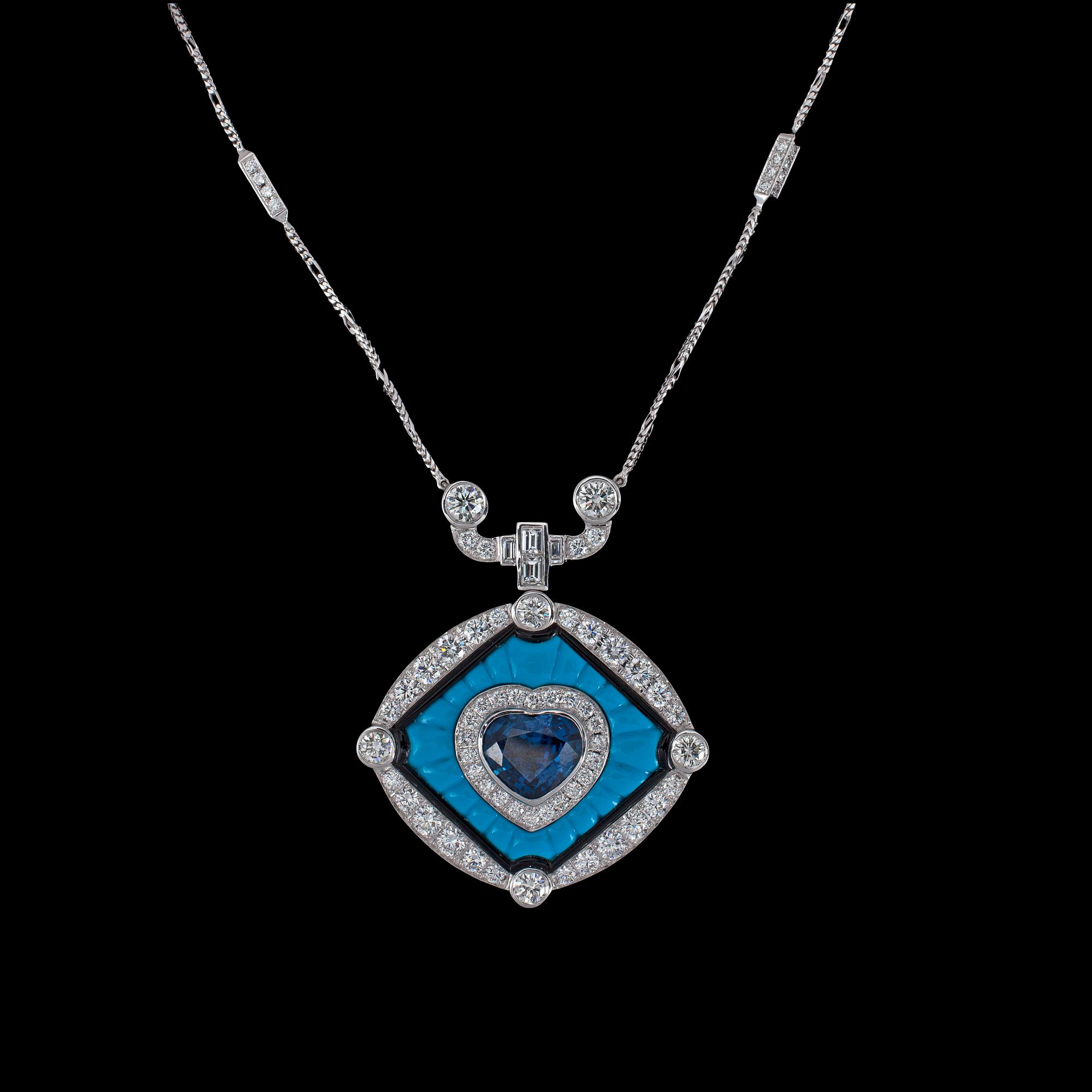 A blue sapphire, 5.15 cts, turqouise and brilliant cut diamond necklace, tot. 5.80 cts.