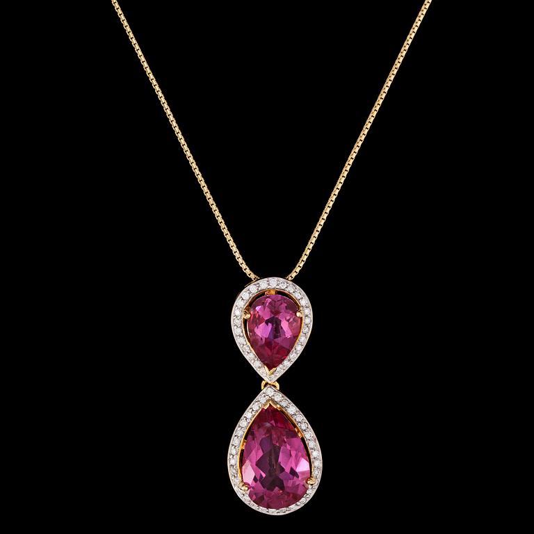 A pink topaz and brilliant cut diamond pendant, tot. 0.32 cts.