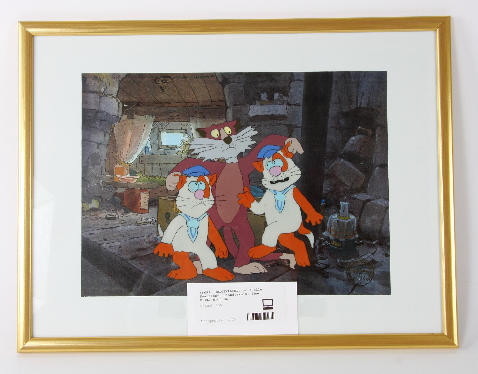 ORIGINALCEL, ur "Pelle Svanslös", blandteknik, Team Film, sign SL.