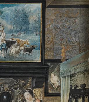 Jean Briand de Crèvecoeur, Bedchamber interior with figures, dog, and paintings by Jan Siberechts.