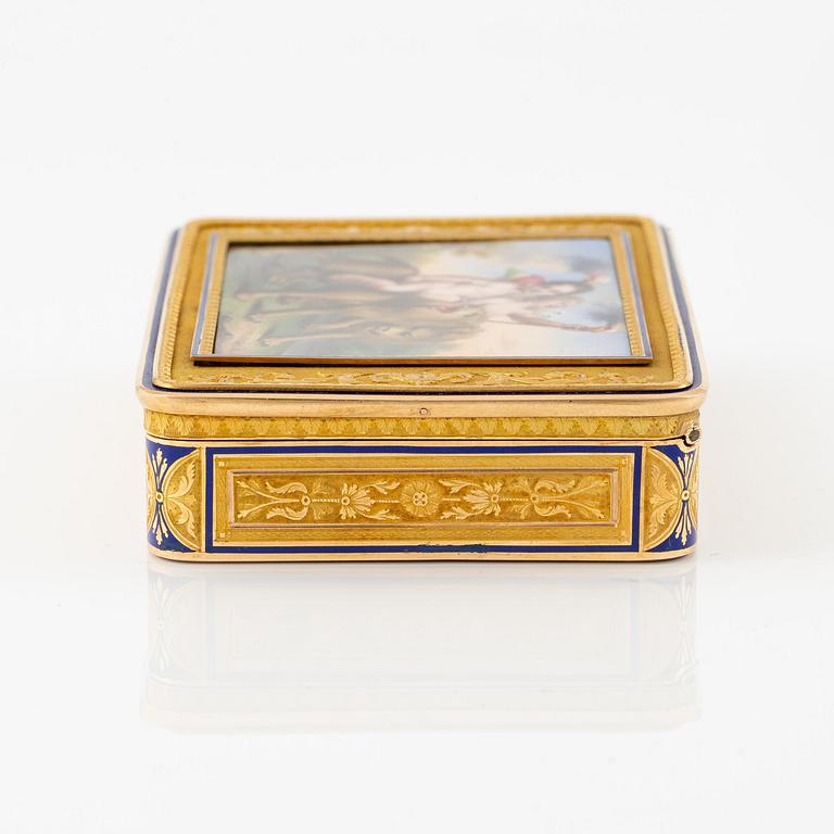 A probably Swiss 19th century two colour gold snuff box with enamel, unidentified maker's mark.