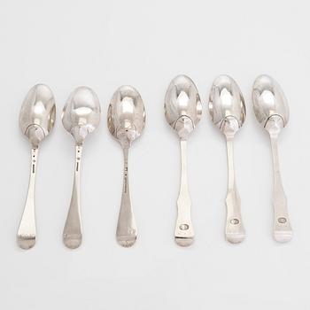 Matskedar, 6 st, silver, olika tillverkare, Sverige 1771-1800.