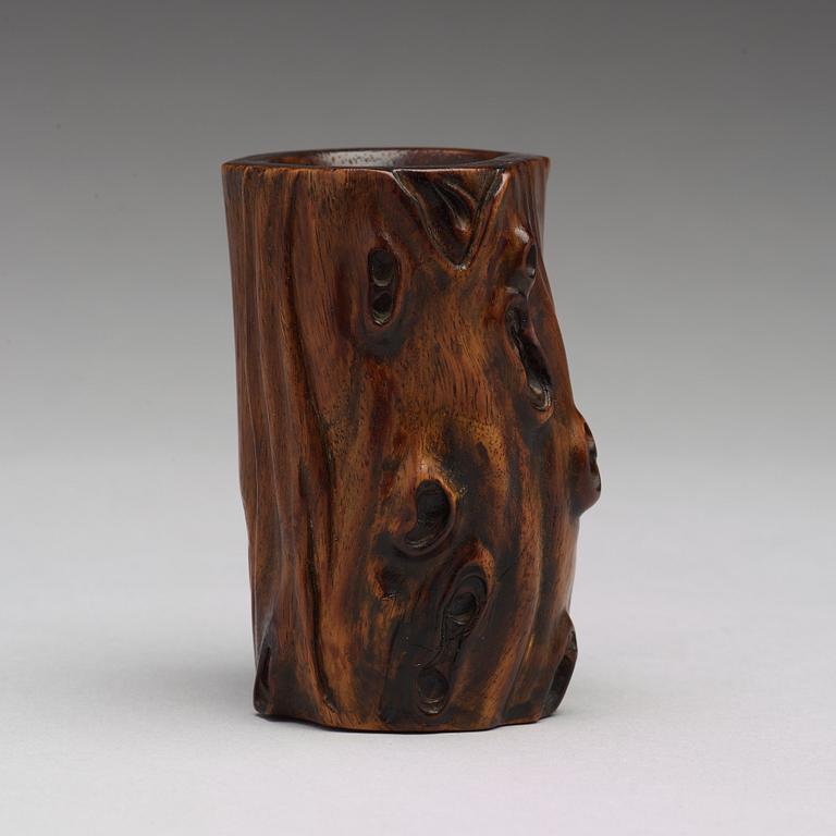 A wooden brush pot, presumably late Qing dynasty.