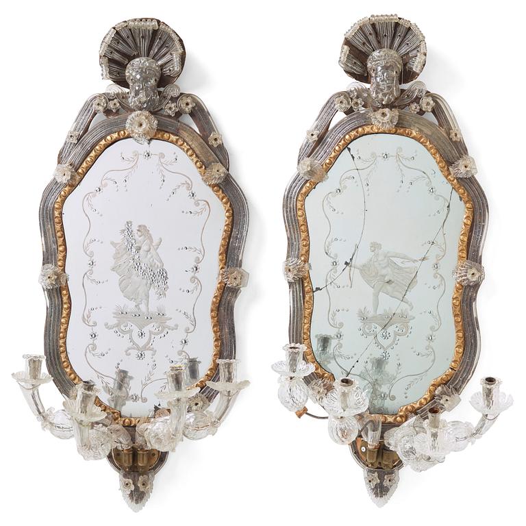 A pair of Venetian four-light girandole mirrors attributed to Briati family, circa 1730.