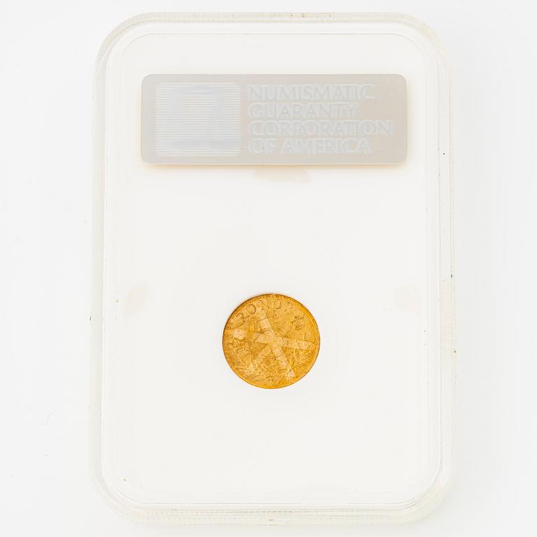 Gold coin, Gustav V, 5 kronor, Sweden 1920.