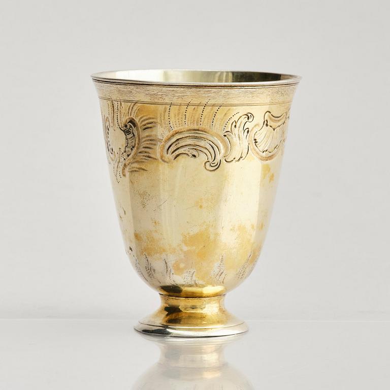 A German 18th century gilt-silver beaker on foot, mark of Johann Gottfried Hildebrand, Berlin probably 1760s.
