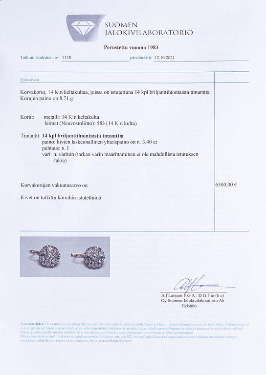 Örhängen, 14k guld, diamanter ca 3.40 ct tot. Sovjetunionen.