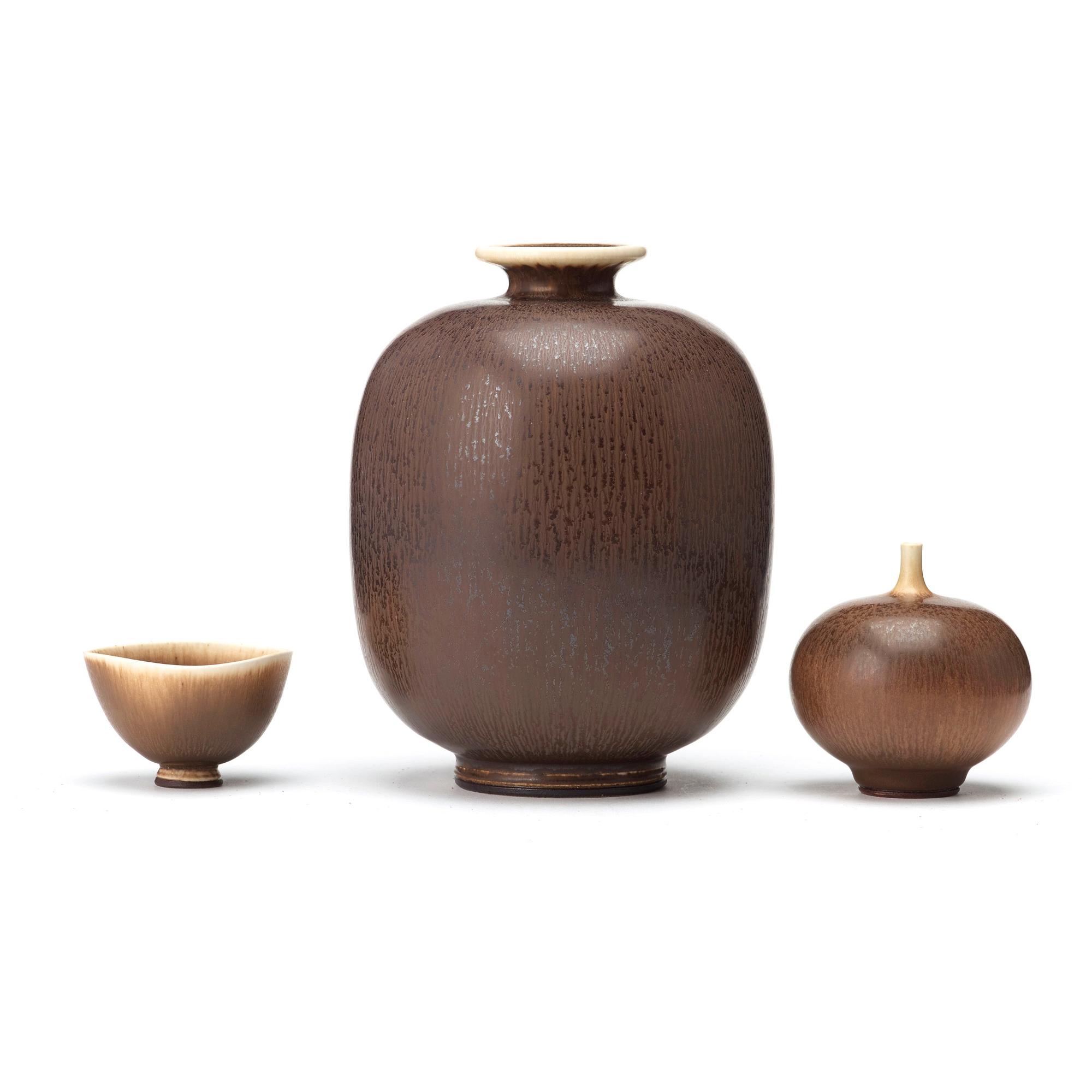 Berndt Friberg, vaser, 2 st och skål, Gustavsbergs studio 1970-tal.