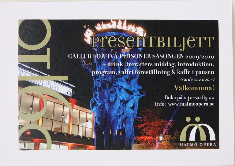 PRESENTKORT på helkväll på Malmö Opera för 2 pers. Säljes till förmån för Röda Korset.
