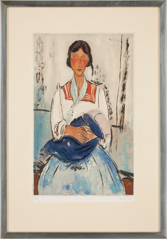 AMADEO MODIGLIANI, efter, färgakvatint, stämpelsign av Jaques Villon, 1927, numr 188/200.