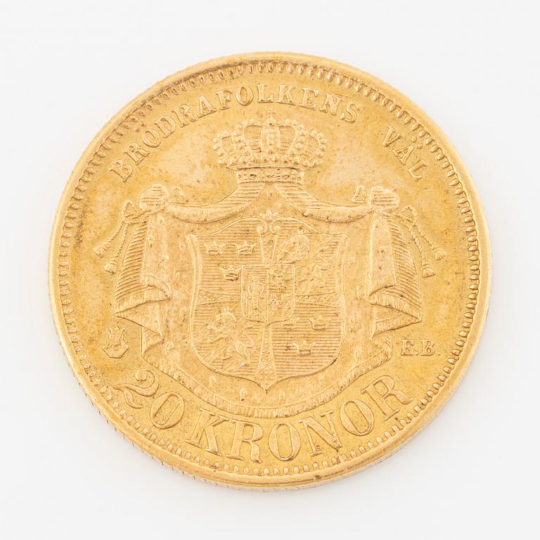 Gold coin, Oscar II, 20 kronor, type II, Sweden 1876.