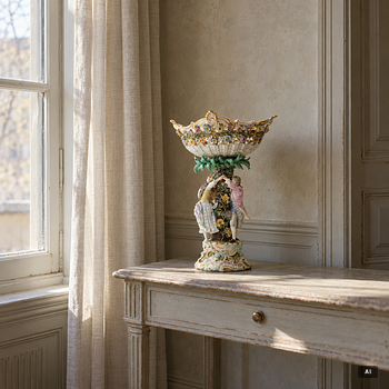 Meissen, A large polychrome reticulated porcelain basket on a pedestal with dancing figures, 19th century.