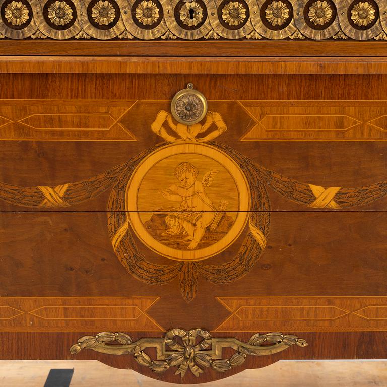 A Gustavian style marquetry and marble commode, 1930's.