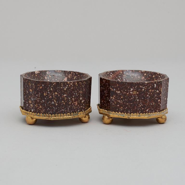 A pair of Swedish 19th century porphyry and gilt bronze salts.