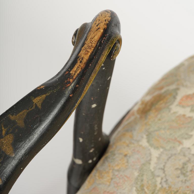 A pair of japanned Swedish rococo armchairs, Stockholm, later part 18th century.