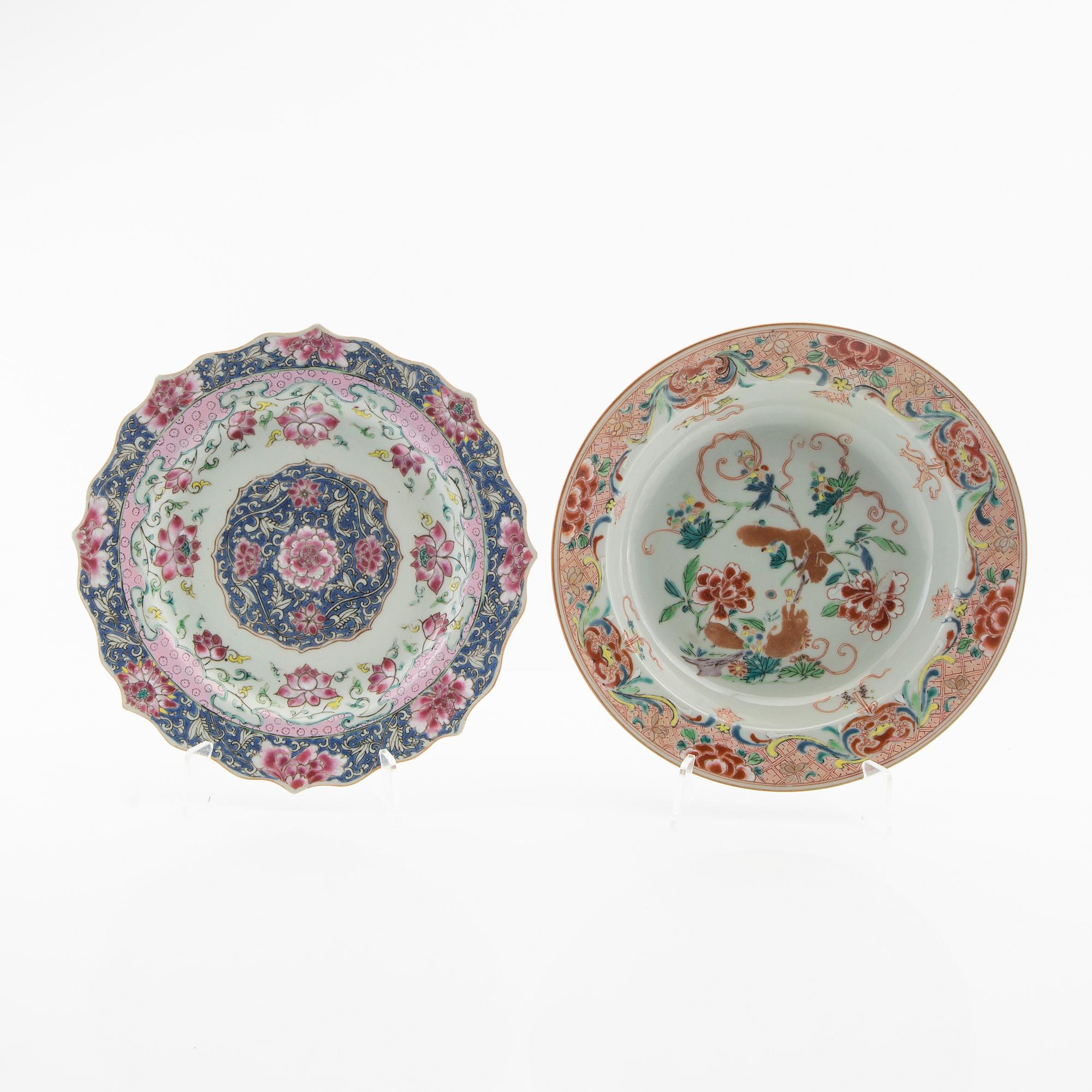A Chinese famille rose porcelain plate and deep plate, Qing dynasty, 18th century.