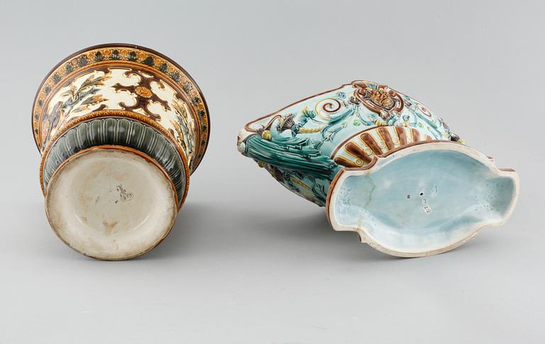 Majolica jardiniere and flower pot from Gustavsberg and Rörstrand respectively, turn of the century 1900.