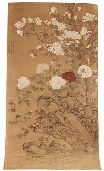 RULLMÅLNING, fåglar och blommor, Qingdynastin, 1700-tal, signerad Lan Ling.