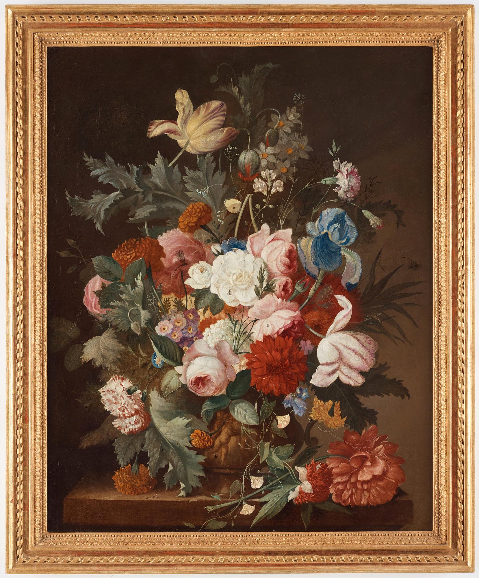Jan van Os Tillskriven, Blomsterstilleben med gul fjäril och slända.