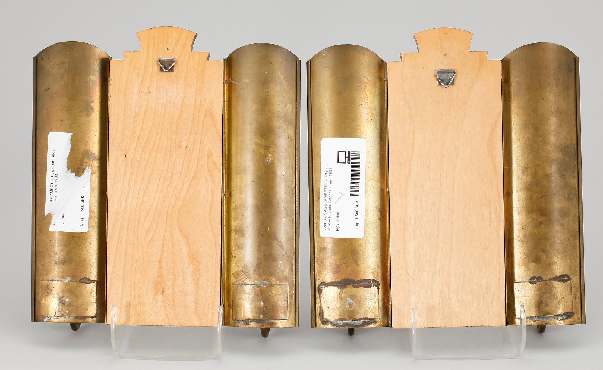 VÄGGLAMPETTER, ett par, Mjölby Intarsia, Birger Ekman, 1938.