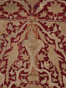 AN ANTIQUE VELVET EMBROIDERY, Persia/Iran, around 1700 - the middle of the 19th century, ca 100 x 142,5 cm (plus a 5 cm.