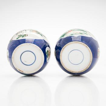 A pair of famille verte jars with covers, China mid 20th century.