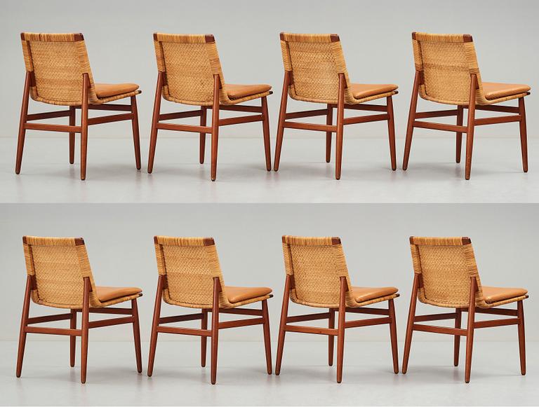 Jørgen Høj, a set of eight teak and rattan dining chairs, Thorald Madsen's Snedkeri, Copenhagen Denmark 1950's.