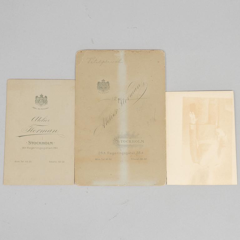 Royal photographs, 3 pcs, handwritten by Queen Victoria of Sweden.