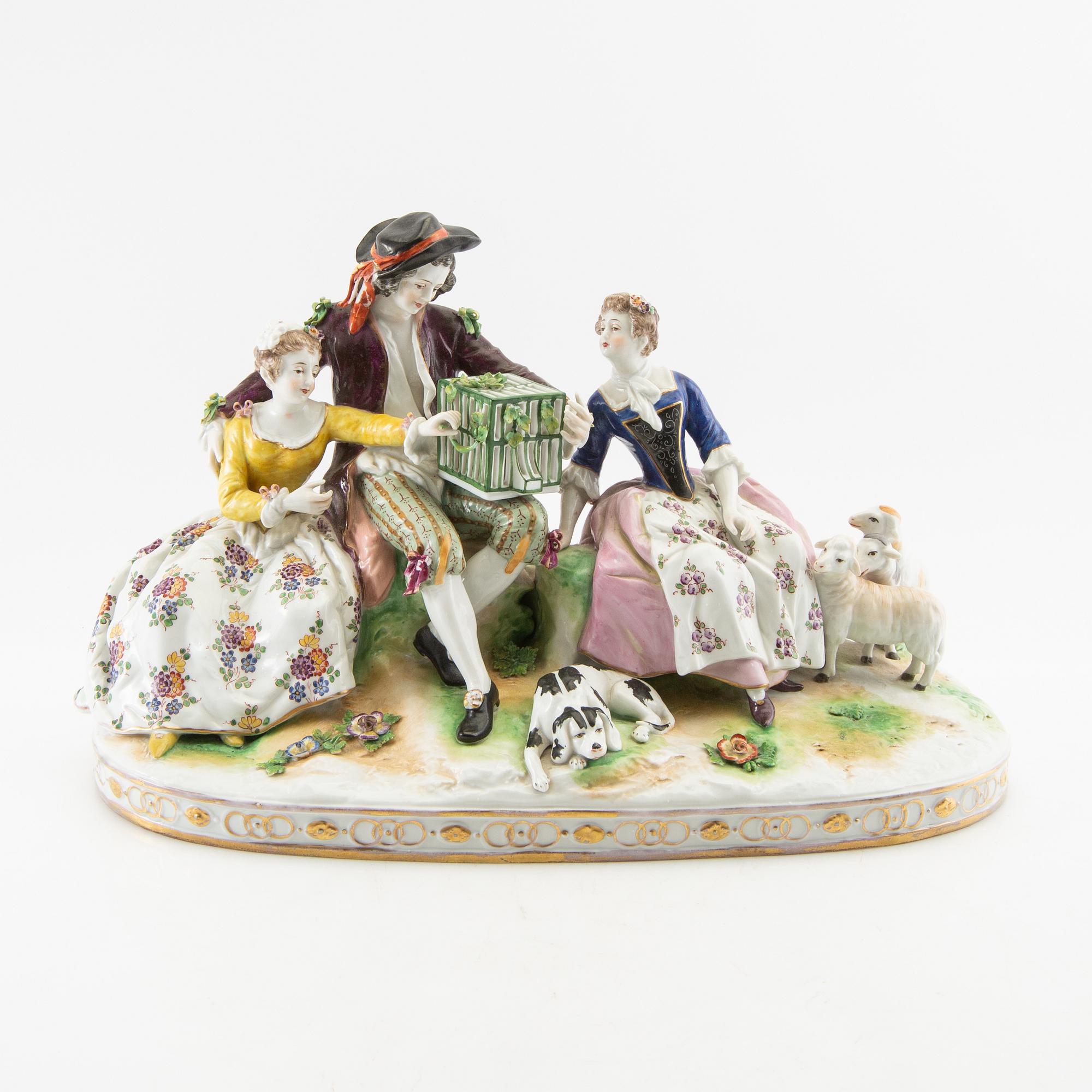 Sculpture group Nymphenburg "The Bird Seller" after Carl Theodor's 18th-century model porcelain 20th century.