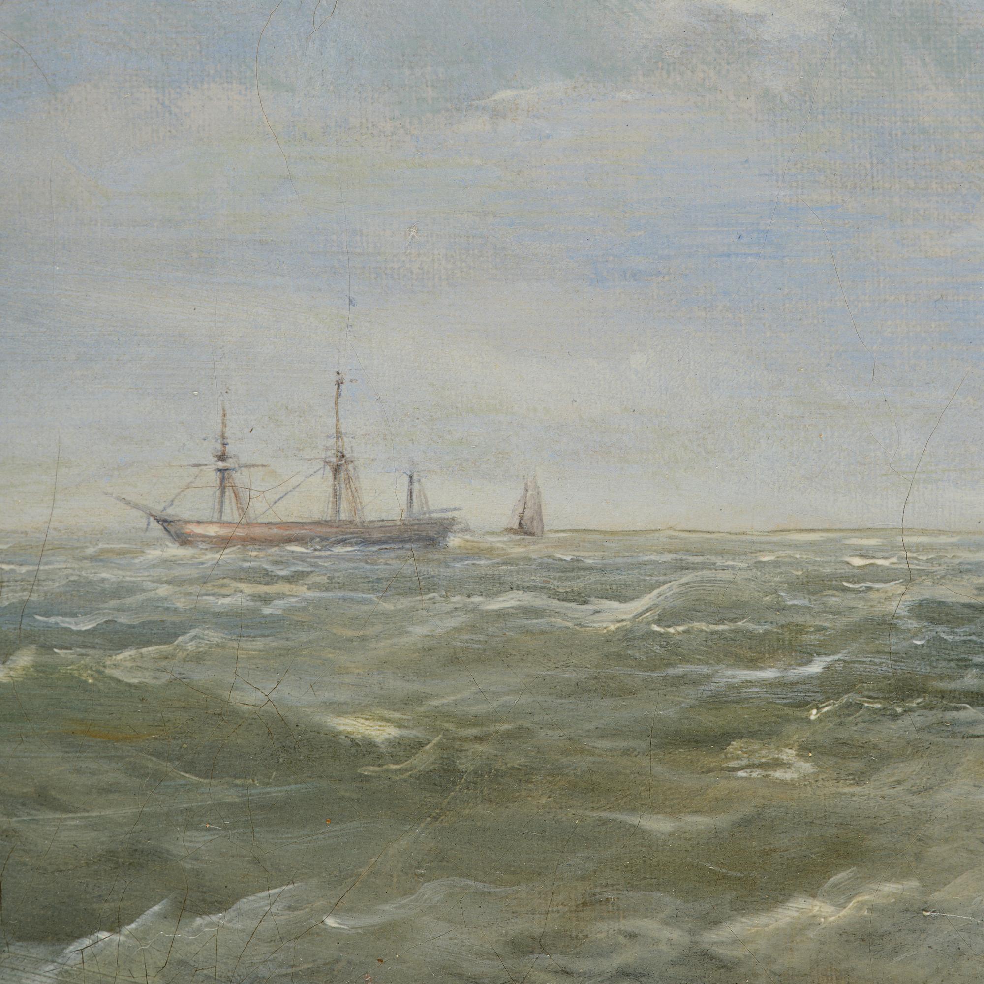 James Edwin Meadows, Sailing boats in rough weather by the coast with a lighthouse.