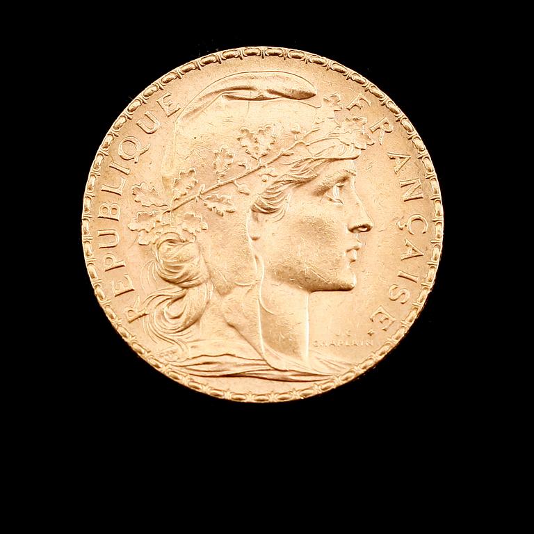 GULDMYNT, 20 franc, Frankrike, 1910. Vikt ca 6 gram.