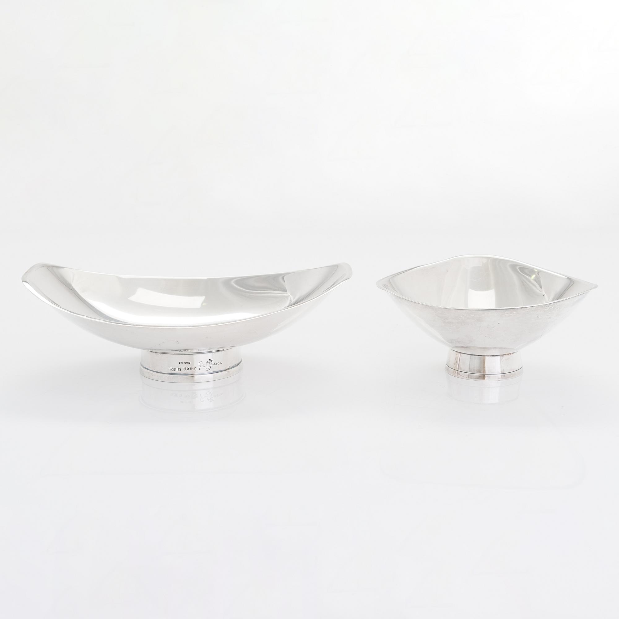 Two sterling silver bowls, Gustav Jansson 1955, 1960, and eight similar silver punsch cups, GAB and CGH 1933-41. Sweden.