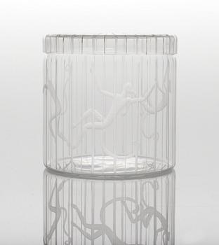 An Edward Hald engraved glass jar and cover "Apburen", Orrefors 1943.
