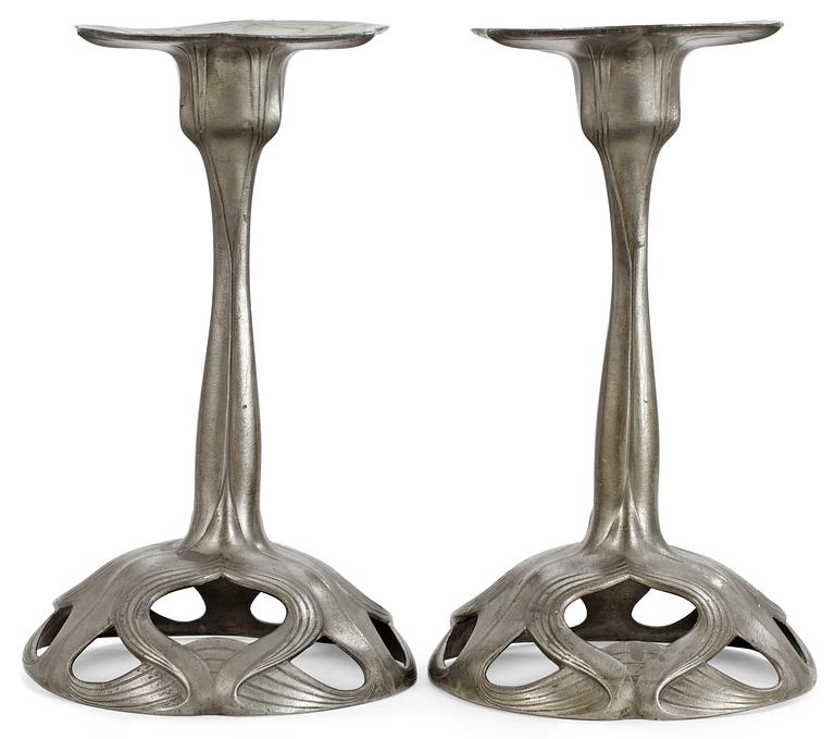 A pair of Orivit Art Nouveau pewter candlesticks, Germany ca 1900.