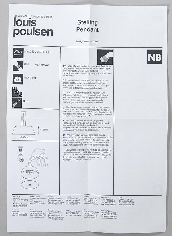 Arne Jacobsen, kattovalaisin "Stelling pendant" Louis Poulsen Tanska, 2002.