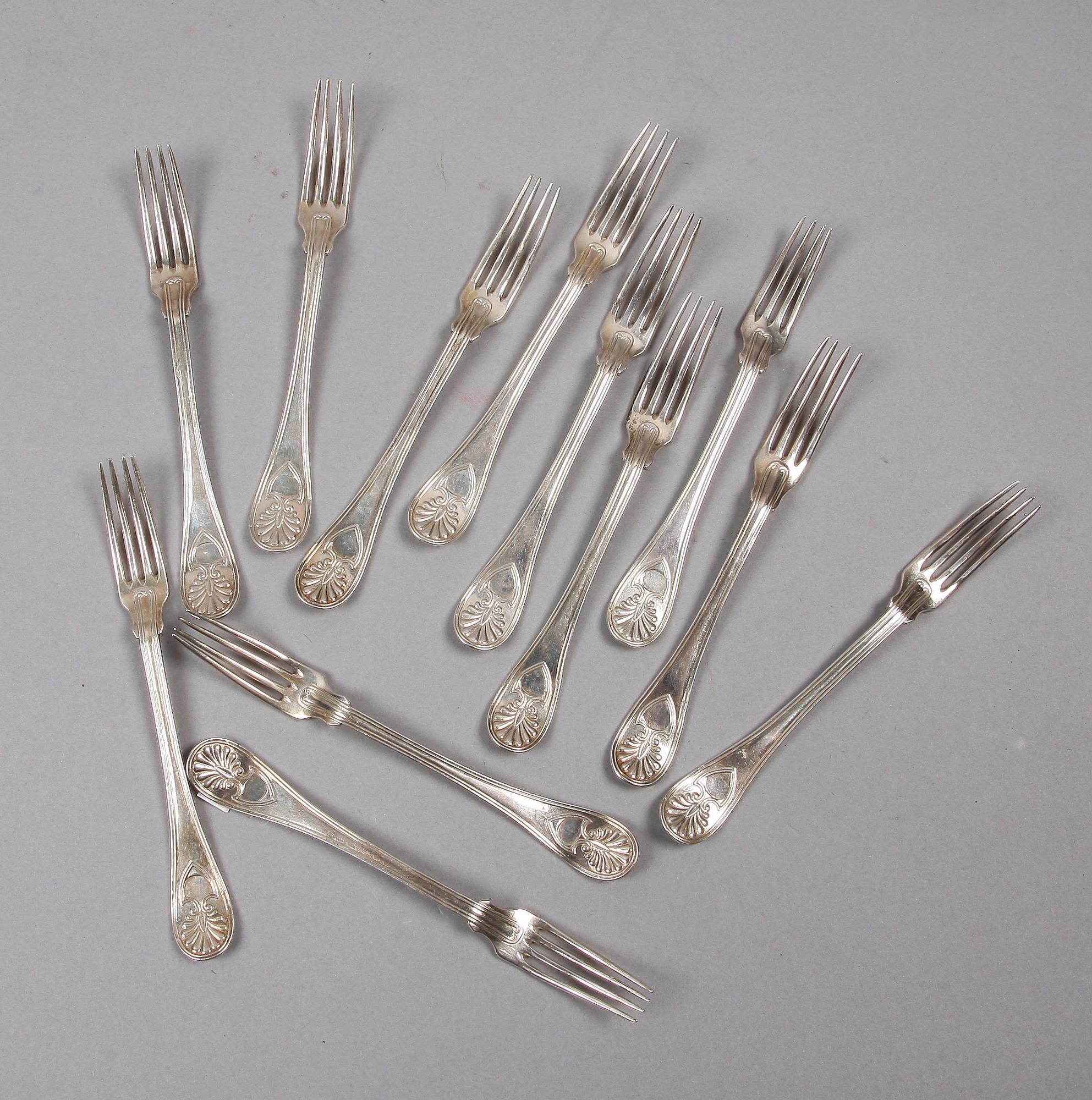 SMÖRGÅSGAFFLAR, 12 st, silver, Adolf Zethelius, Stockholm, 1828-29.