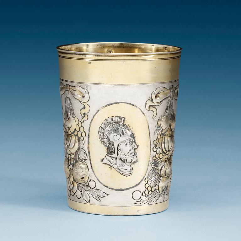 A German 17th century parcel-gilt beaker, makersmark of Balthazar Haydt, Augsburg, 1670.