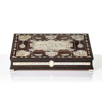 A Neopolitan ebony, rosewood and engraved ivory writing box from the circle of Iacopo Fiamengo, first part 17th century.