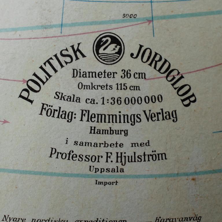 JORDGLOB, Politisk Jordglob, Flemmings Verlag, Hamburg, 1900-talets andra hälft.