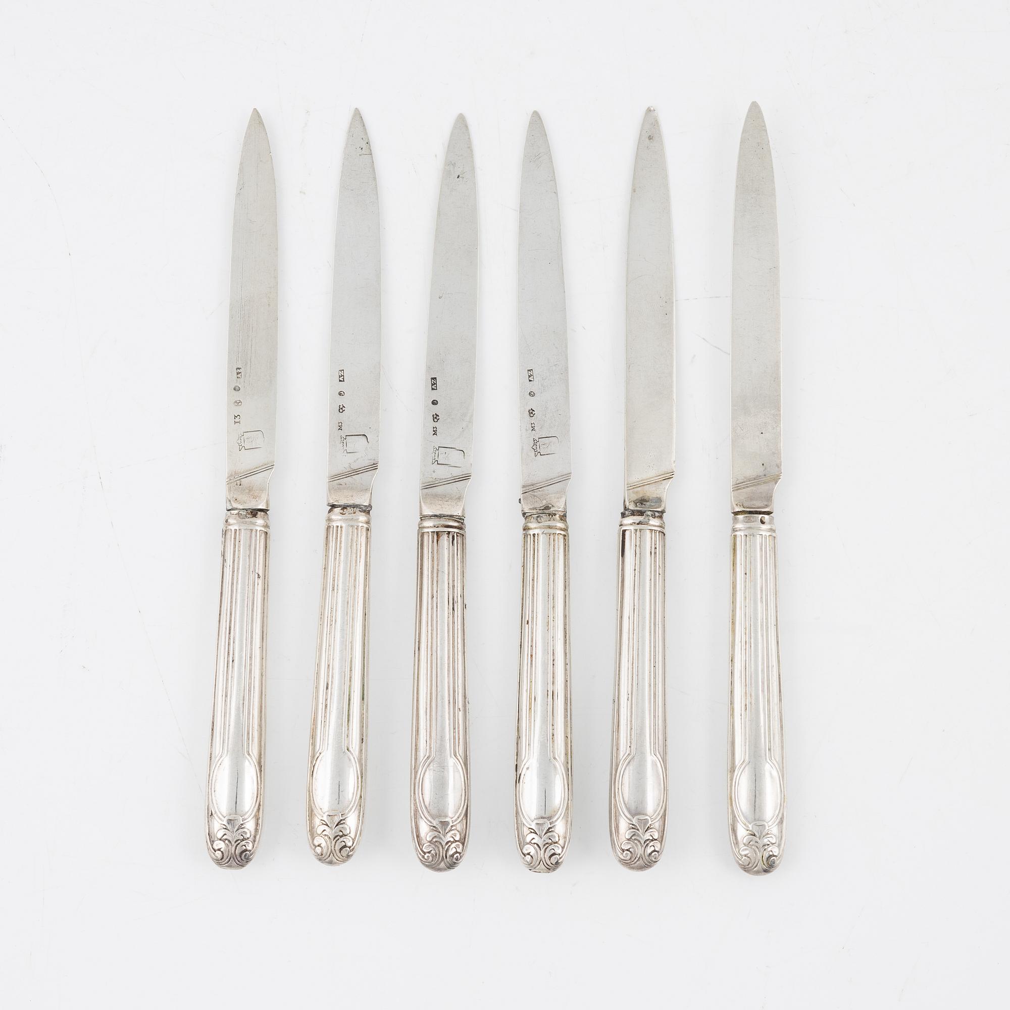 Adolf Zethelius, dessertknivar, 6 st, silver,  Stockholm 1815-18.