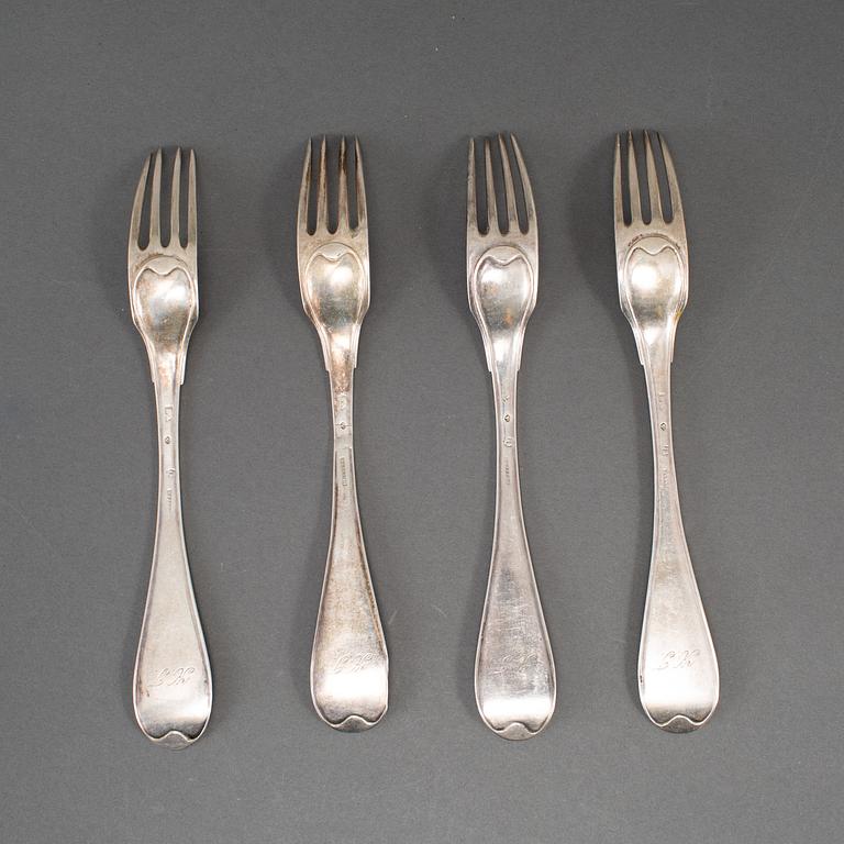 A Swedish set of four 18th century silver forks, mark of Mikael Nyberg, Stockholm 1793.