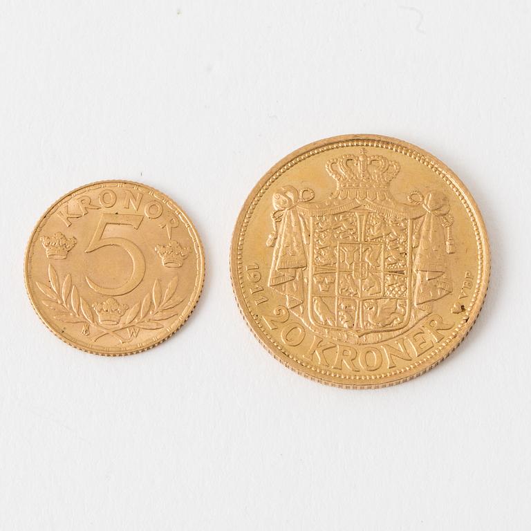 GULDMYNT, 20 kr, Fredrik VIII, Danmark, 1911, samt 5 kr, Gustav V, 1920.