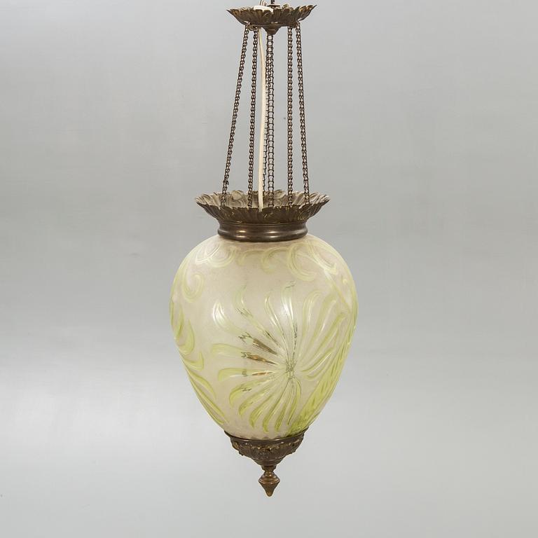 A Jugend glass and metal ceiling lamp around 1900.