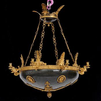 A presumably Russian Empire gilt and patinated bronze nine-branch chandelier, 19th century.