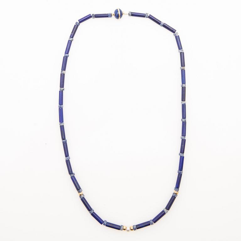 Necklace, lapis lazuli, gold and pearl.