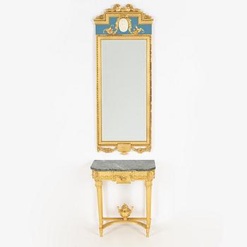 A Gustavian style console table and mirror, mid 20th century.